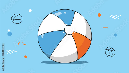 Colorful beach ball with blue, white, and orange segments, positioned centrally on a bright blue background with abstract shapes.