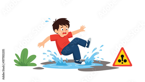 Startled young boy slipping and falling into a splashing puddle of water, next to a triangular yellow caution sign indicating wet floor.