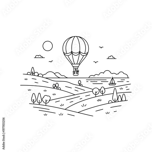 Hot air balloon flying high freely.