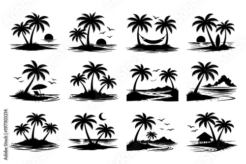 Tropical island silhouettes with palm trees, sunsets, and hammocks.