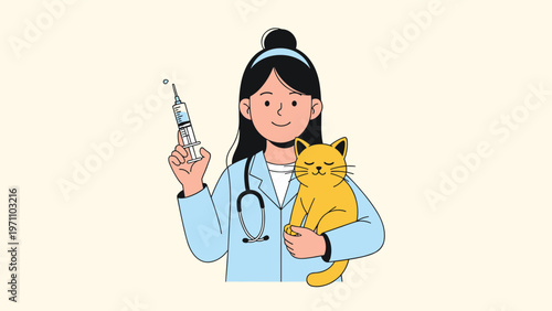 Kind female veterinarian smiling while holding a calm yellow cat and a syringe, ready for a vaccination or medical treatment.