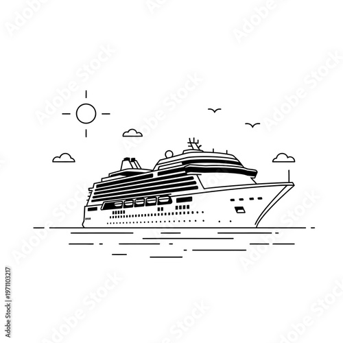 Large Cruise Ship Sailing Ocean.