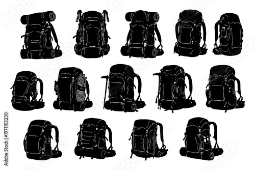 Set of silhouette camping backpacks collection in various angles.