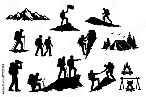 Outdoor adventure silhouettes: hiking, climbing, and camping in nature scenes.