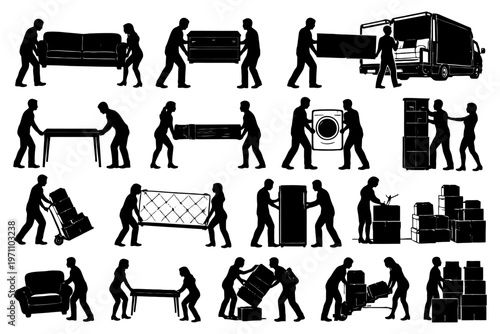 Silhouettes of people moving furniture and boxes with truck and appliances.