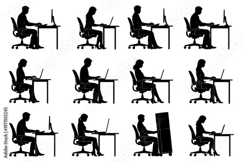 Silhouettes of office workers at desks using laptops and computers.