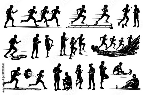 Silhouette of diverse athletes running, exercising, and stretching outdoors.