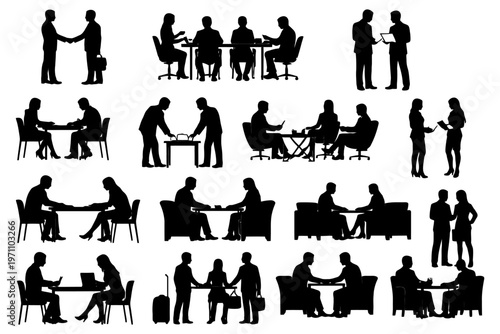 Silhouettes of business interactions and meetings.