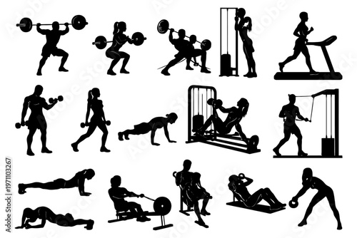 Silhouettes of men and women exercising with weights and machines.