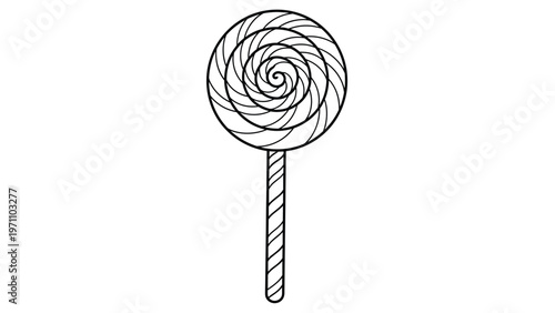 Simple black and white outline drawing of a classic spiral lollipop on a stick, perfect for children's coloring books or sweet-themed designs.