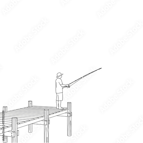 Man fishing on a wooden pier.