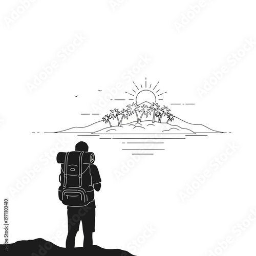 Man with Backpack Looking Outdoors.