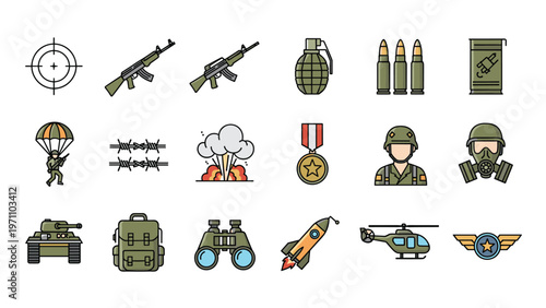Extensive collection of military and army-related pixel art icons including weapons, soldiers, vehicles, and equipment for defense graphics.