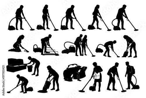 Silhouettes of people vacuuming in various poses.