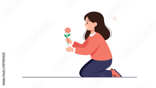 Kind young woman kneeling and gently offering a single red flower, symbolizing love, gratitude, or a thoughtful gesture.