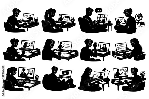 Silhouette of diverse people engaging in virtual learning and online communication.