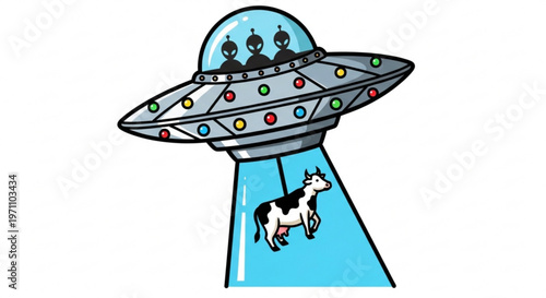 Cartoon ufo abducting a black and white cow with colorful lights on its saucer