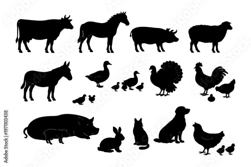 Silhouettes of farm animals: cow, horse, pig, chicken, duck, sheep, turkey, dog, cat, rabbit.