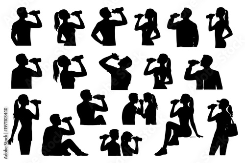 Silhouettes of diverse people drinking bottled water in various poses.