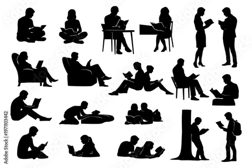 Silhouettes of diverse people reading in various poses and settings.