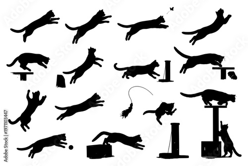 Black cat silhouettes leaping and playing with toys and scratching posts.