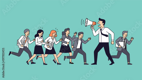 Group of hurried business people running with documents, being led and motivated by a shouting male manager with a megaphone.