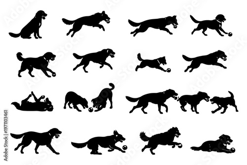 Silhouette collection of dogs playing ball in various active poses.