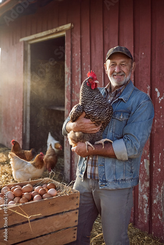 Senior farmer holding a mottled chicken near a wooden crate of fresh eggs in front of a red barn. National Poultry Day