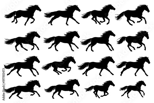 Silhouette galloping horses pattern in motion.