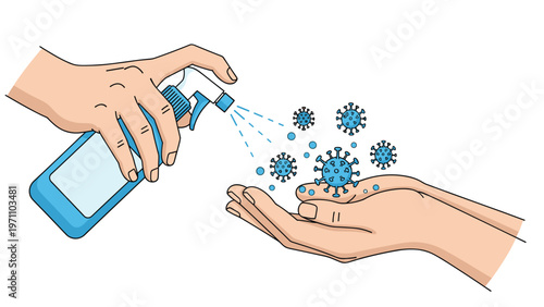 Person's hands being disinfected with sanitizer spray from a bottle, effectively eliminating virus and bacteria particles, for hygiene awareness.