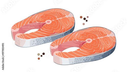 Two fresh, raw salmon steaks with vibrant pink flesh and skin, accompanied by scattered peppercorns, ready for cooking.