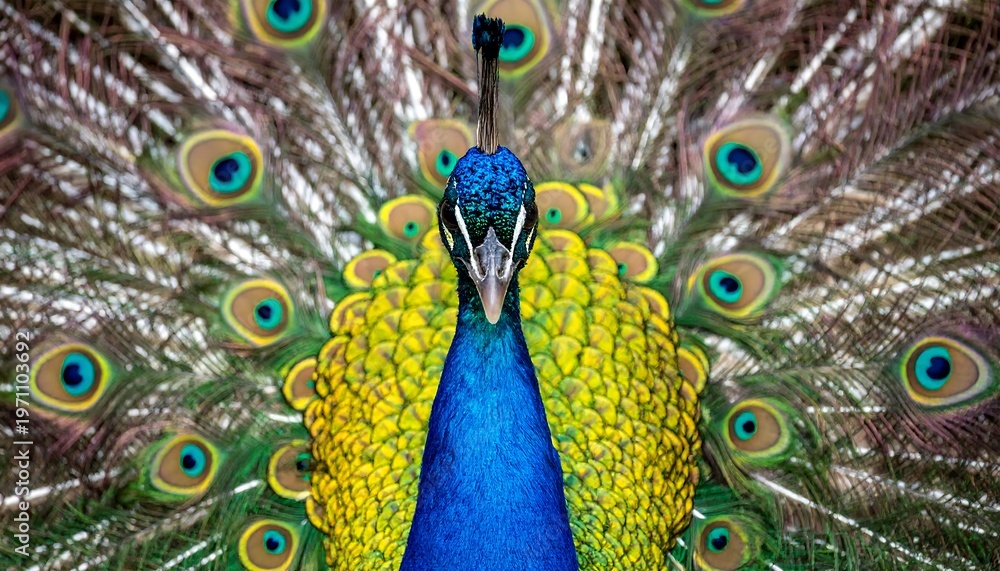 Obraz premium Majestic Peacock Displaying Vibrant Feathers in Full Bloom.