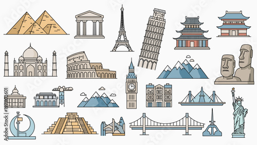 Comprehensive collection of famous world landmarks and historical architecture icons, representing various global travel destinations and cultures.