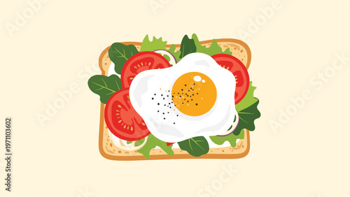 Delicious and healthy open-faced sandwich or toast topped with a fried egg, fresh tomatoes, lettuce, and creamy avocado spread.