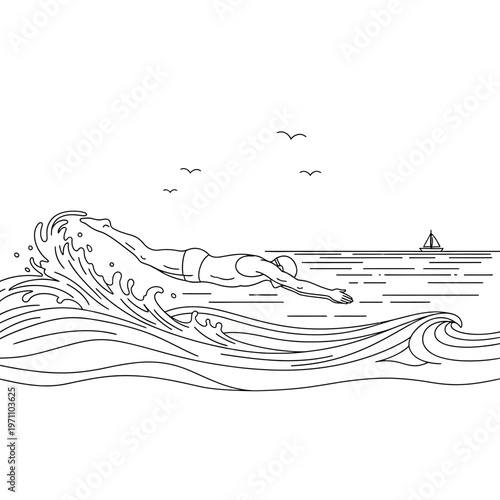 Swimmer in action swimming freestyle stroke.