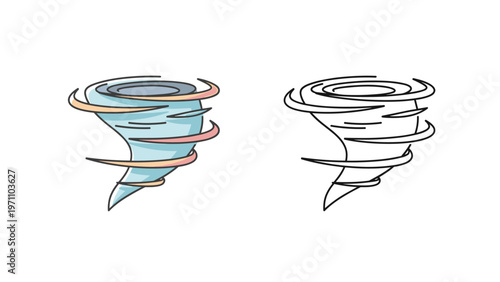 Dynamic colored and black outline drawing of a powerful tornado or whirlwind, with swirling air currents, ideal for weather-themed designs.