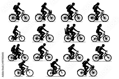 Silhouette of diverse people bicycling in various styles and poses.