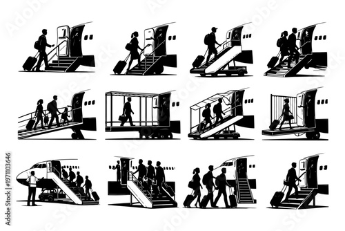 Silhouette illustrations of passengers boarding and exiting airplane with luggage.
