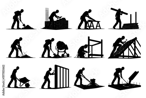 Silhouettes of construction workers building structures in various tasks.