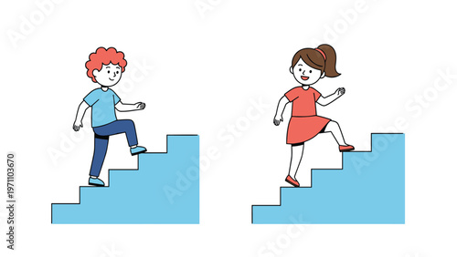 Young boy and girl happily climbing up separate staircases, symbolizing progress, growth, and overcoming challenges or achieving goals.