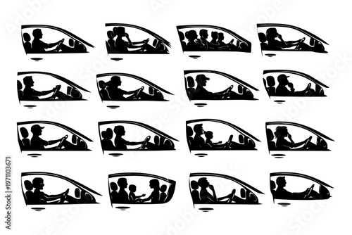 Silhouette illustration of diverse people in cars in various driving scenarios.