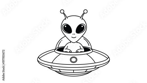 Adorable black and white outline drawing of a cute alien with big eyes, sitting inside a flying saucer or UFO, ready for adventure.