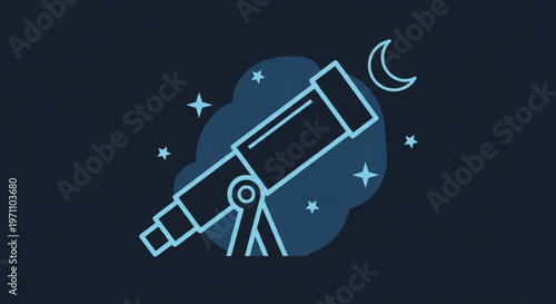 Telescope on a tripod at night with stars and moon in the background astronomy concept