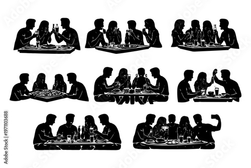 Diverse group dining and celebrating at a restaurant silhouette art.