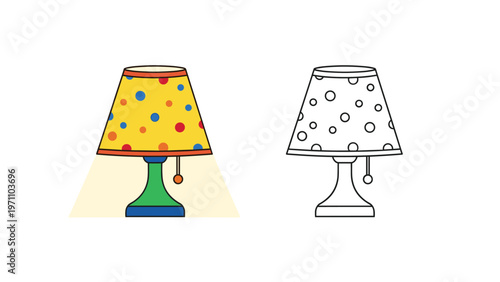 Bright colored and black outline drawing of a cheerful polka dot table lamp emitting light, perfect for home interior designs.