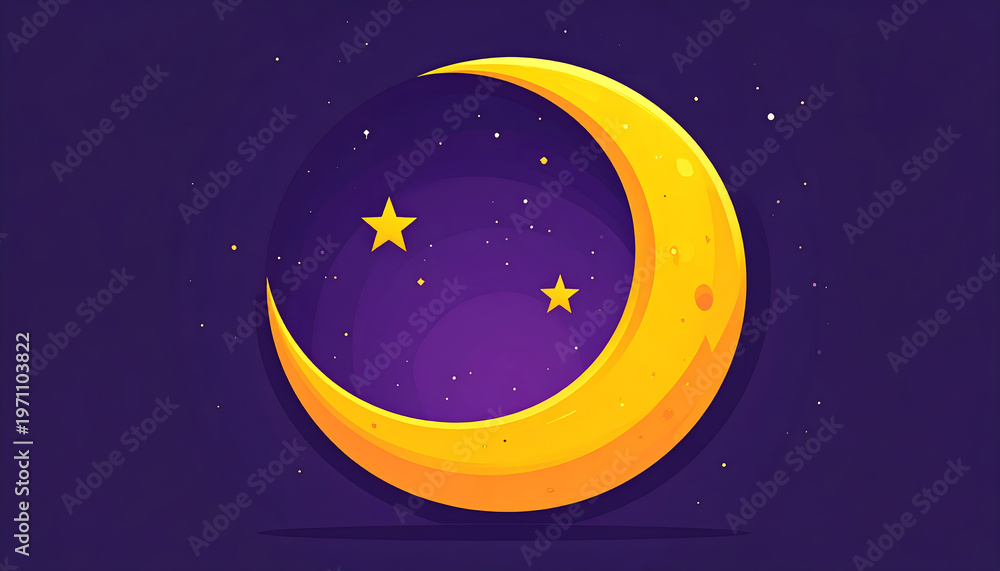 Naklejka premium Large yellow crescent moon with three stars on dark purple background representing romantic nighttime settings and midnight love generative AI