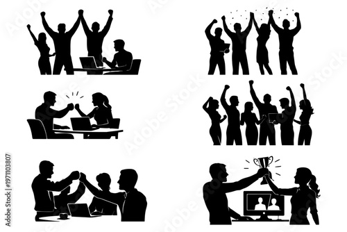 Group celebrations and achievements in silhouette.