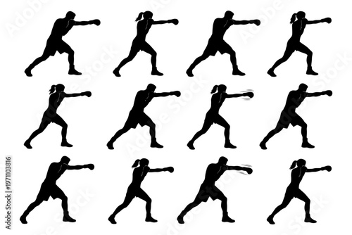 Silhouette sequence of boxers throwing punches: male and female fighters.