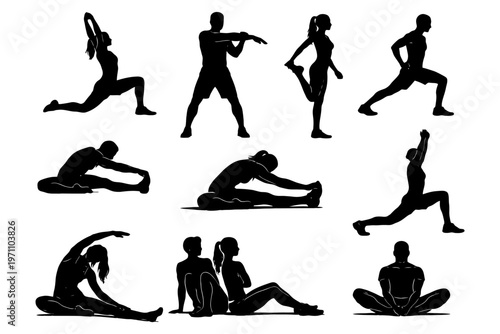 Silhouette set of people performing various fitness and yoga poses.