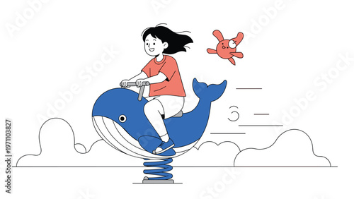 Happy young girl joyfully riding a blue whale-shaped spring rider at a playground, depicting fun and imaginative play.